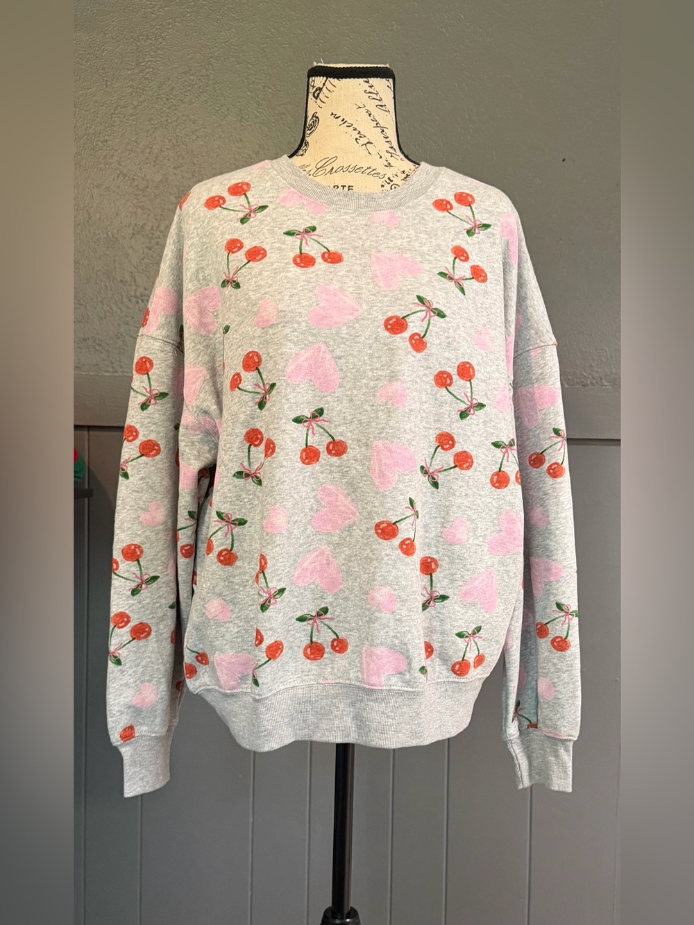 Zoe + Liv Gray Crewneck Sweater with Pink Hearts & Red Cherries